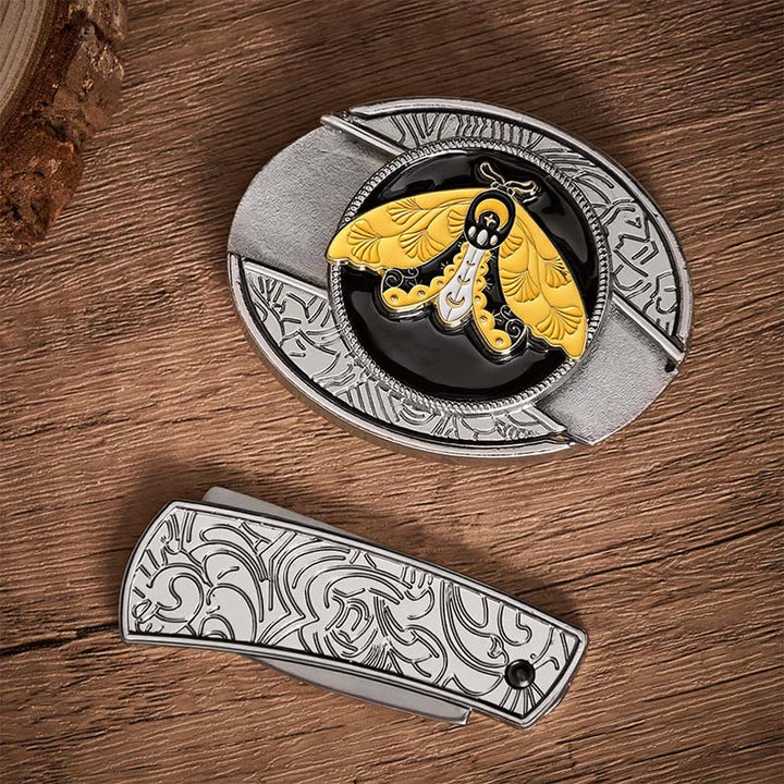 Yellow Moth Enamel DIY Hidden Folding Knife Buckle Leather Belt - image 10