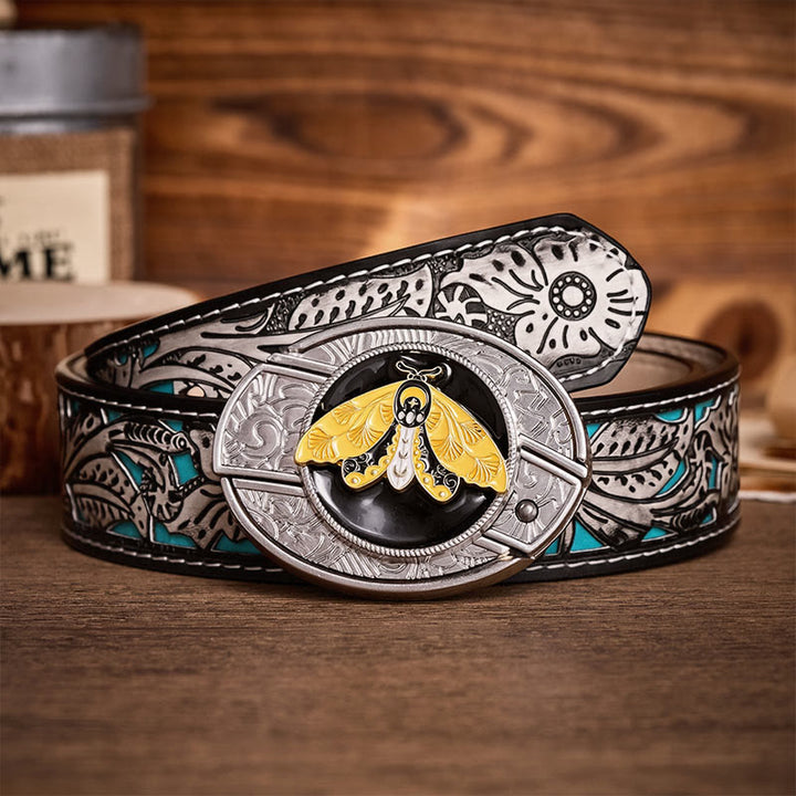 Yellow Moth Enamel DIY Hidden Folding Knife Buckle Leather Belt - Yellow Moth - Gray Floral Belt - 42 - image 8