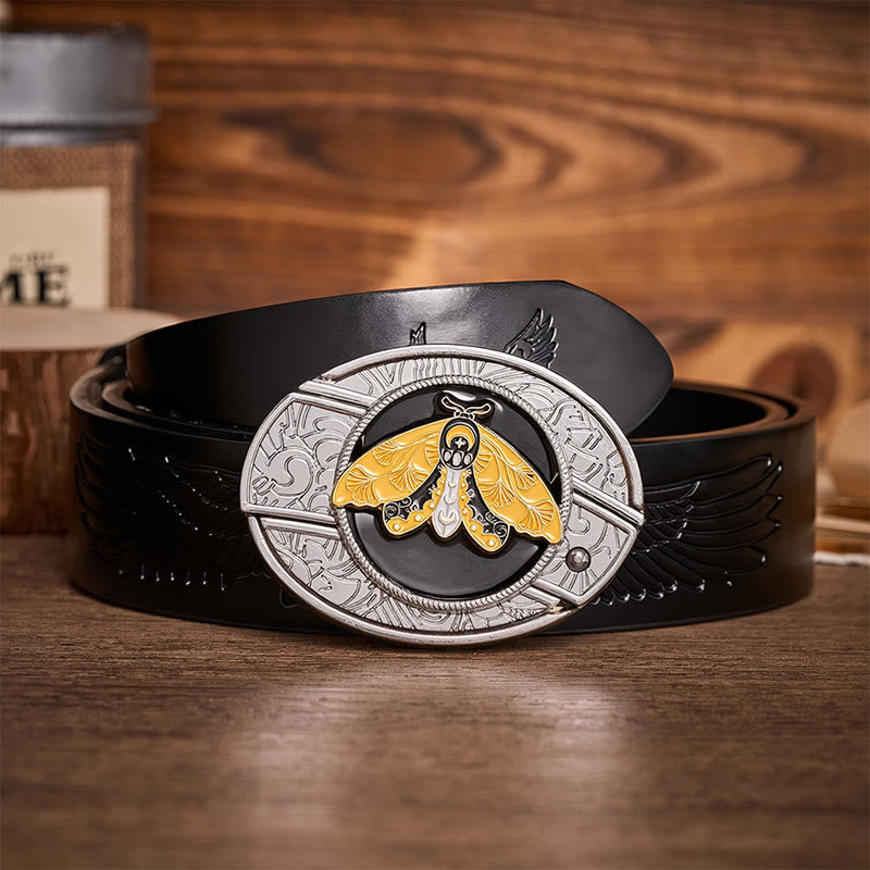 Yellow Moth Enamel DIY Hidden Folding Knife Buckle Leather Belt - Yellow Moth - Black Embossed Eagle Belt - 42 - image 2