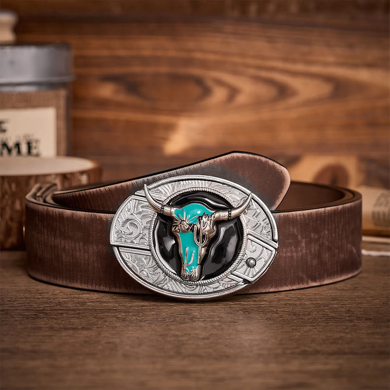 Desert Spirit Bull DIY Hidden Folding Knife Buckle Leather Belt - Turquoise Bull - Brown Distressed Belt - 42 - image 5