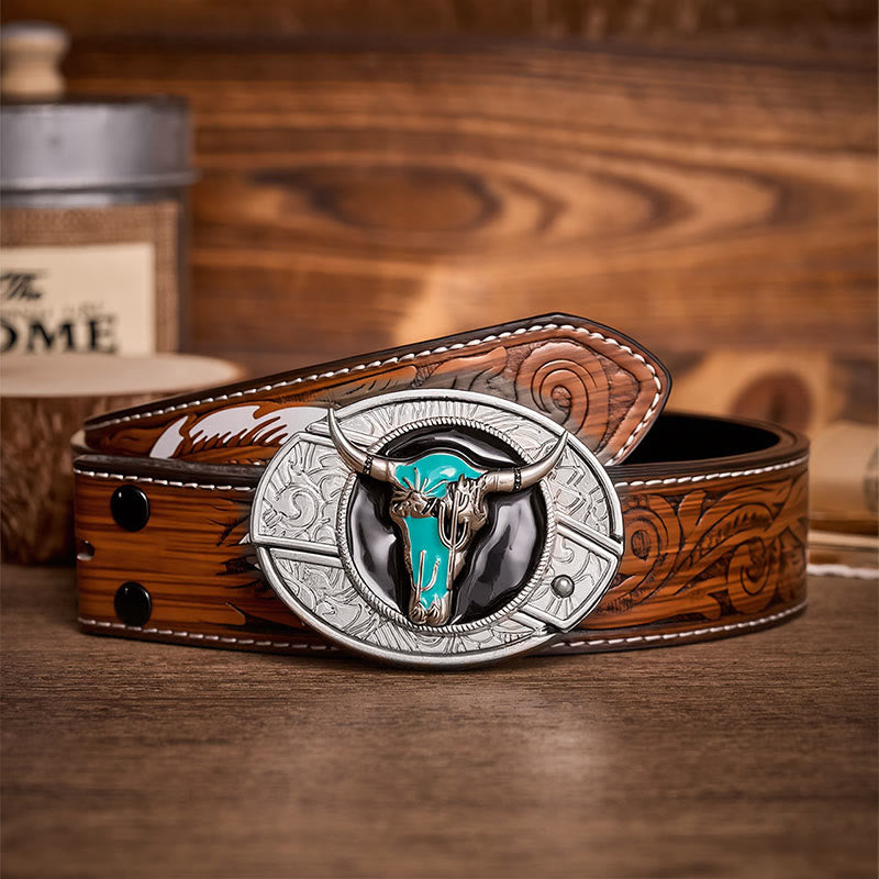 Desert Spirit Bull DIY Hidden Folding Knife Buckle Leather Belt - Turquoise Bull - Brown Feather Belt - 40 - image 7