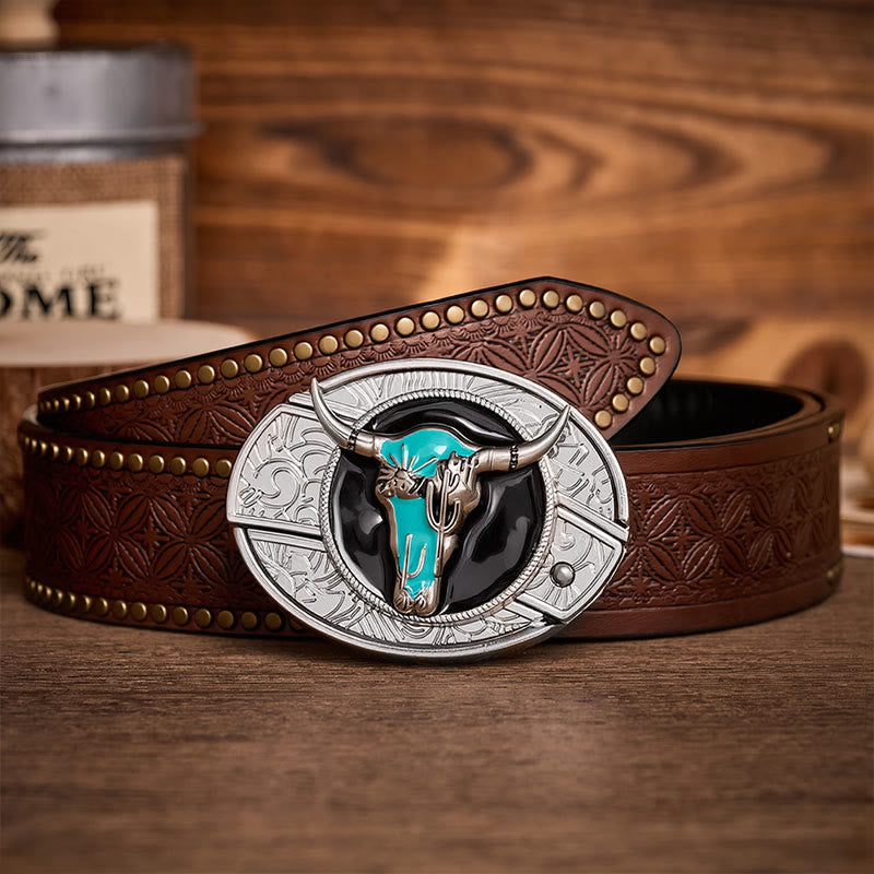 Desert Spirit Bull DIY Hidden Folding Knife Buckle Leather Belt - Turquoise Bull - Brown Rivet Belt - 42 - image 4