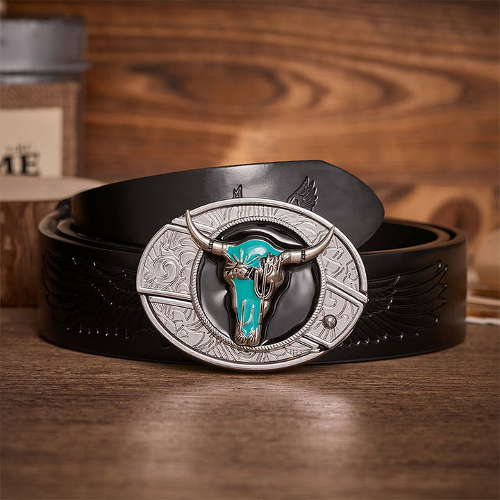 Desert Spirit Bull DIY Hidden Folding Knife Buckle Leather Belt - Turquoise Bull - Black Embossed Eagle Belt - 42 - image 2