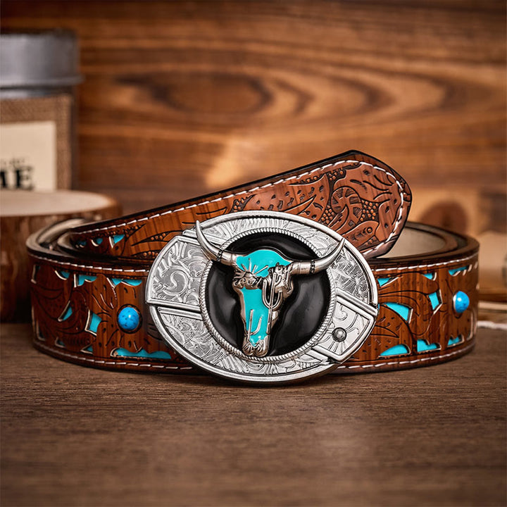 Desert Spirit Bull DIY Hidden Folding Knife Buckle Leather Belt - Turquoise Bull - Turquoise Carved Belt - 42 - image 3