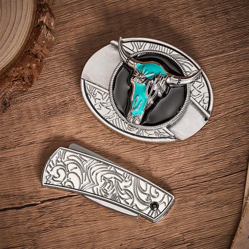 Desert Spirit Bull DIY Hidden Folding Knife Buckle Leather Belt - image 9