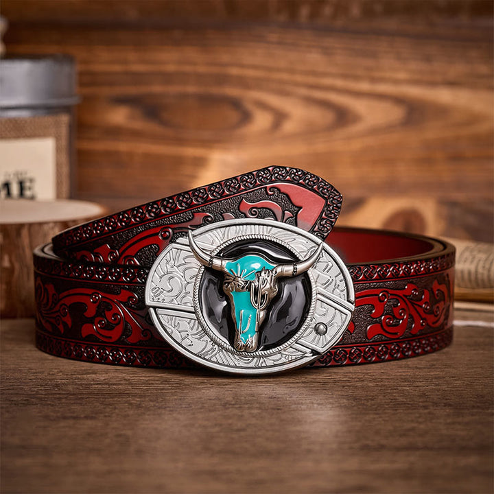 Desert Spirit Bull DIY Hidden Folding Knife Buckle Leather Belt - Turquoise Bull - Brown Carved Belt - 42 - image 6