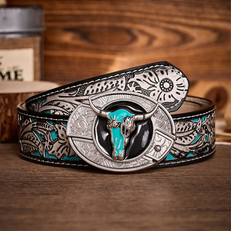 Desert Spirit Bull DIY Hidden Folding Knife Buckle Leather Belt - Turquoise Bull - Gray Floral Belt - 42 - image 8