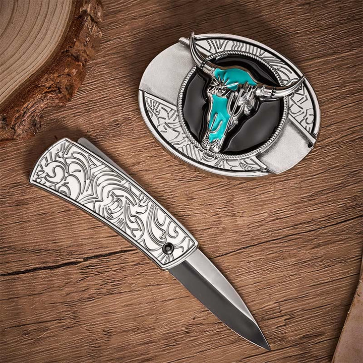 Desert Spirit Bull DIY Hidden Folding Knife Buckle Leather Belt - image 1