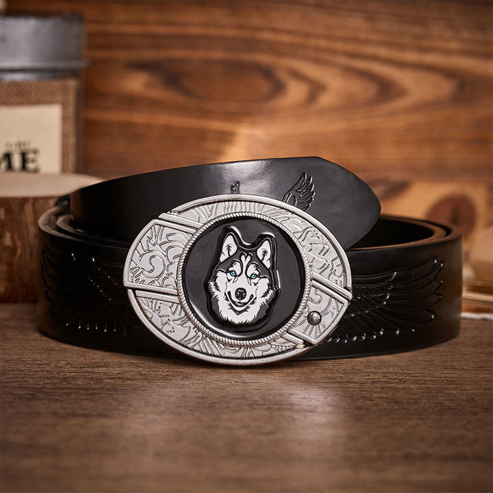 Blue-Eyed Husky DIY Hidden Folding Knife Buckle Leather Belt - Husky - Black Embossed Eagle Belt - 42 - image 2