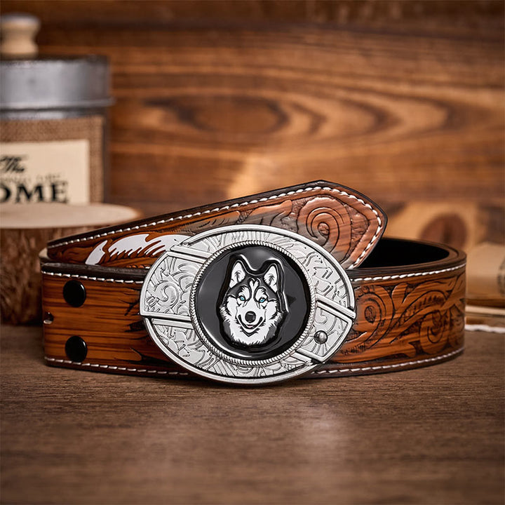 Blue-Eyed Husky DIY Hidden Folding Knife Buckle Leather Belt - Husky - Brown Feather Belt - 40 - image 7