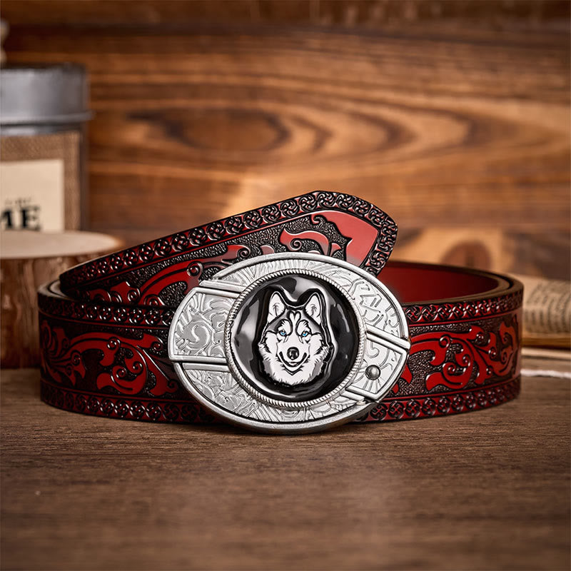 Blue-Eyed Husky DIY Hidden Folding Knife Buckle Leather Belt - Husky - Brown Carved Belt - 42 - image 6