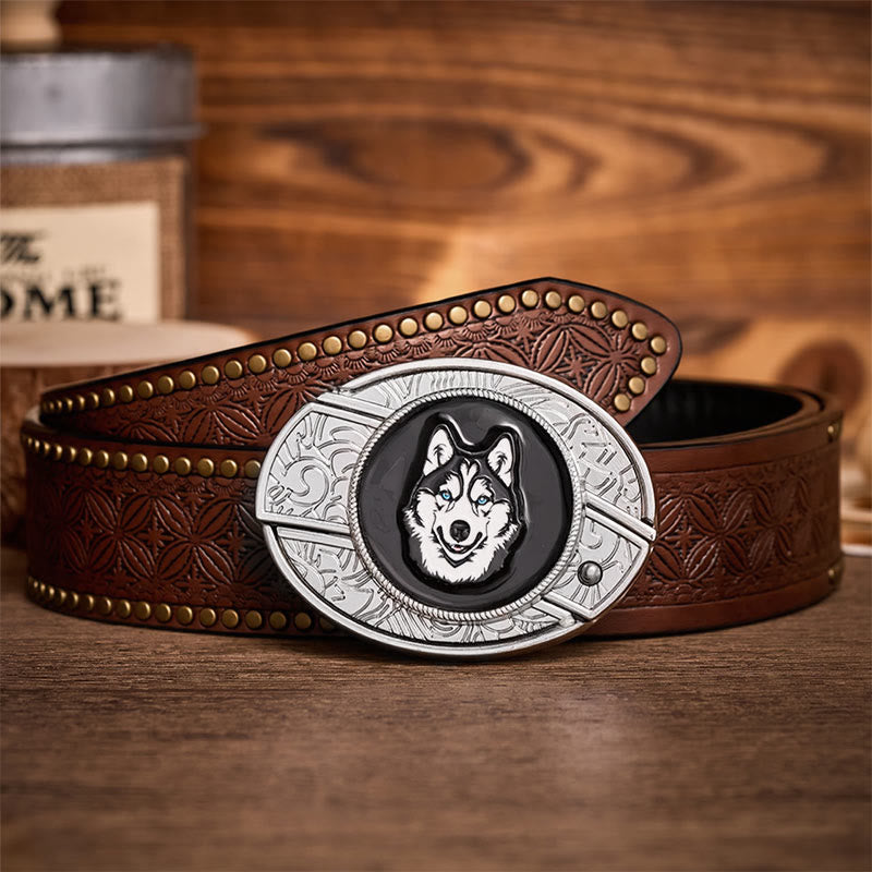 Blue-Eyed Husky DIY Hidden Folding Knife Buckle Leather Belt - Husky - Brown Rivet Belt - 42 - image 4
