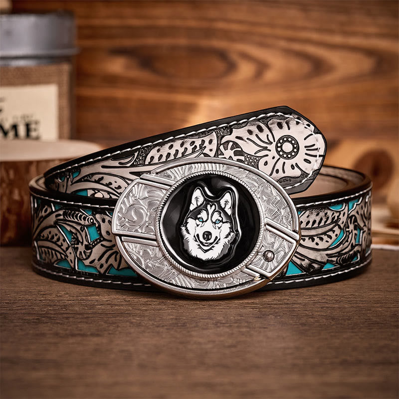 Blue-Eyed Husky DIY Hidden Folding Knife Buckle Leather Belt - Husky - Gray Floral Belt - 42 - image 8
