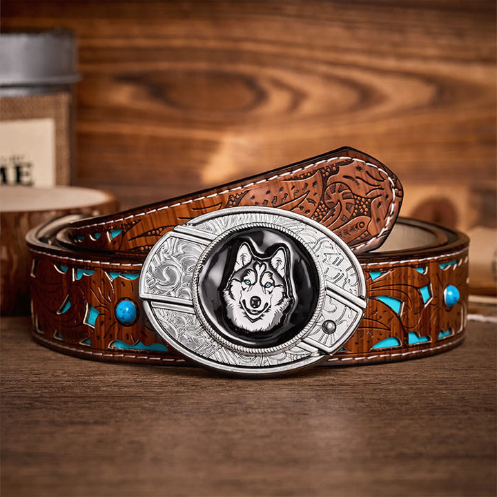 Blue-Eyed Husky DIY Hidden Folding Knife Buckle Leather Belt - Husky - Turquoise Carved Belt - 42 - image 3