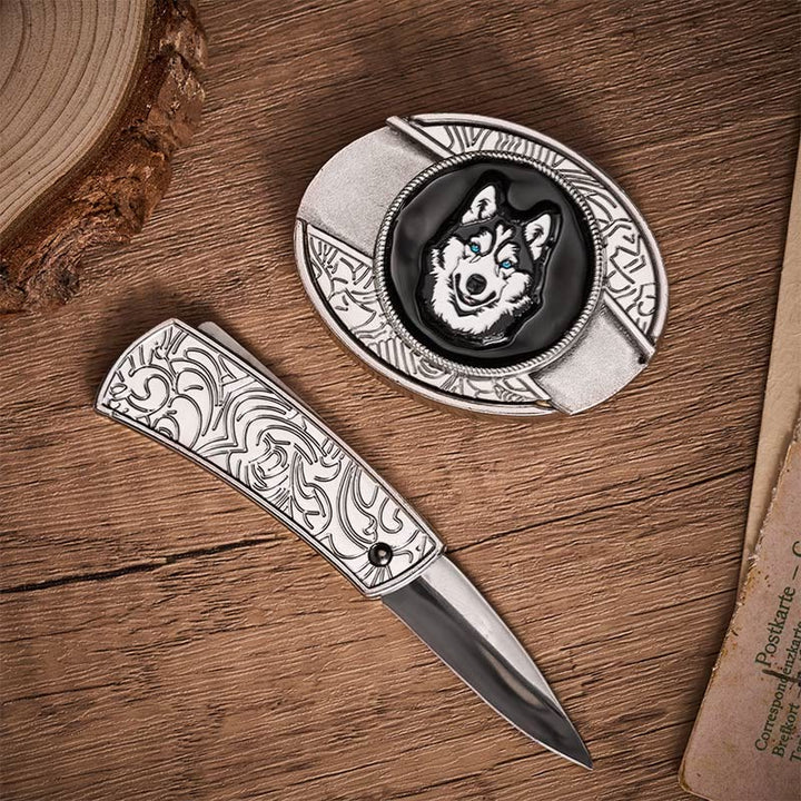 Blue-Eyed Husky DIY Hidden Folding Knife Buckle Leather Belt - image 1