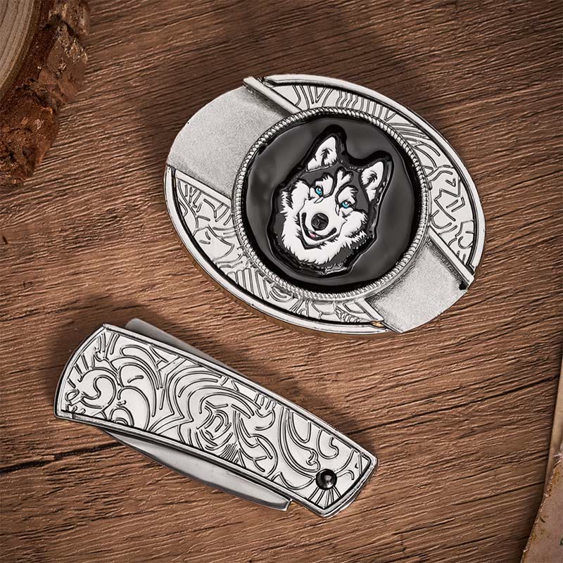 Blue-Eyed Husky DIY Hidden Folding Knife Buckle Leather Belt - image 9