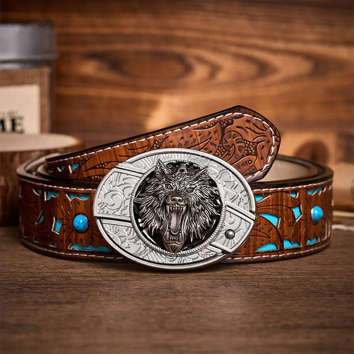 Snarling Wolf Head DIY Hidden Folding Knife Buckle Leather Belt - Wolf - Turquoise Carved Belt - 42 - image 3