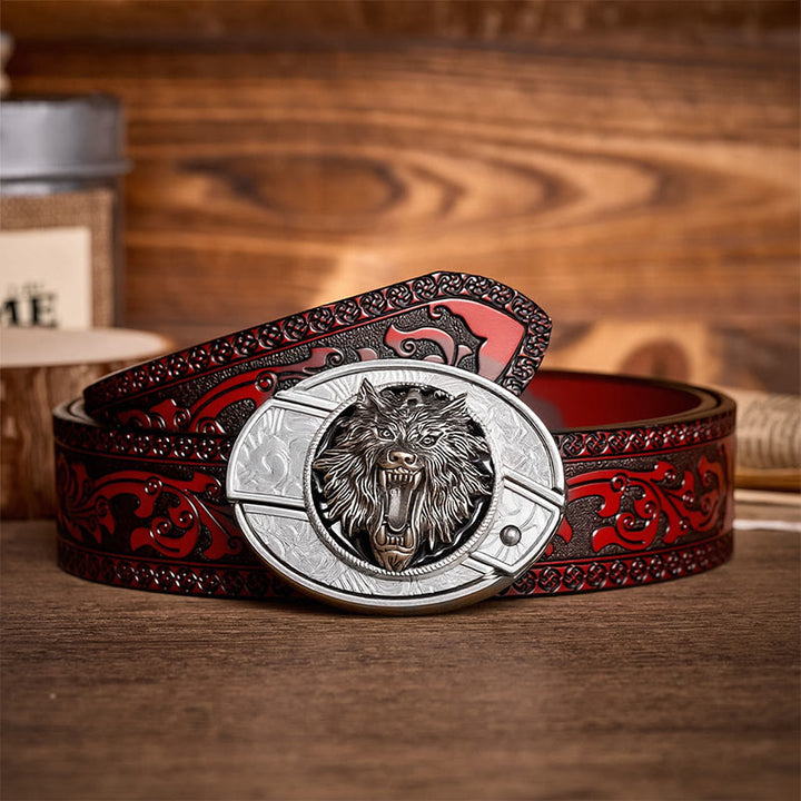 Snarling Wolf Head DIY Hidden Folding Knife Buckle Leather Belt - Wolf - Brown Carved Belt - 42 - image 6