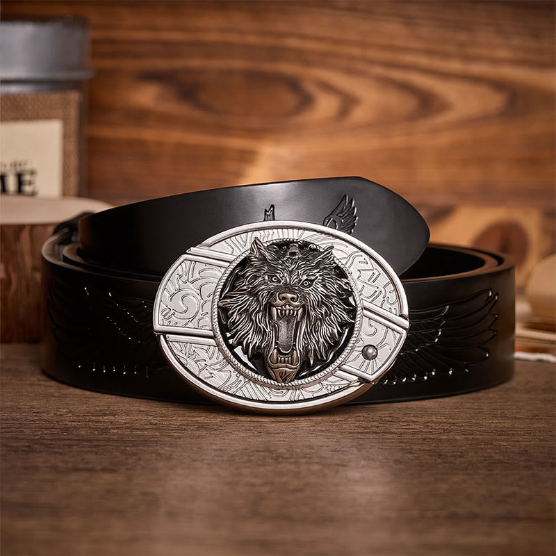Snarling Wolf Head DIY Hidden Folding Knife Buckle Leather Belt - Wolf - Black Embossed Eagle Belt - 42 - image 2