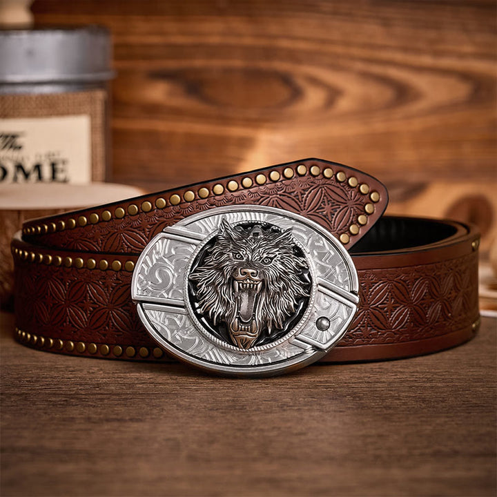 Snarling Wolf Head DIY Hidden Folding Knife Buckle Leather Belt - Wolf - Brown Rivet Belt - 42 - image 4