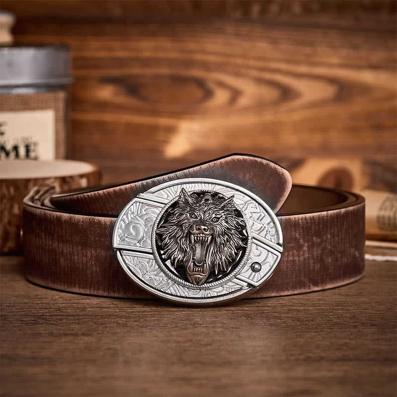 Snarling Wolf Head DIY Hidden Folding Knife Buckle Leather Belt - Wolf - Brown Distressed Belt - 42 - image 5