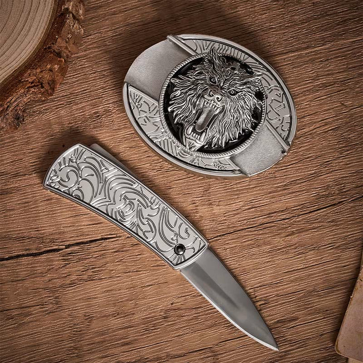 Snarling Wolf Head DIY Hidden Folding Knife Buckle Leather Belt - image 1