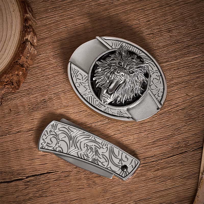 Snarling Wolf Head DIY Hidden Folding Knife Buckle Leather Belt - image 10