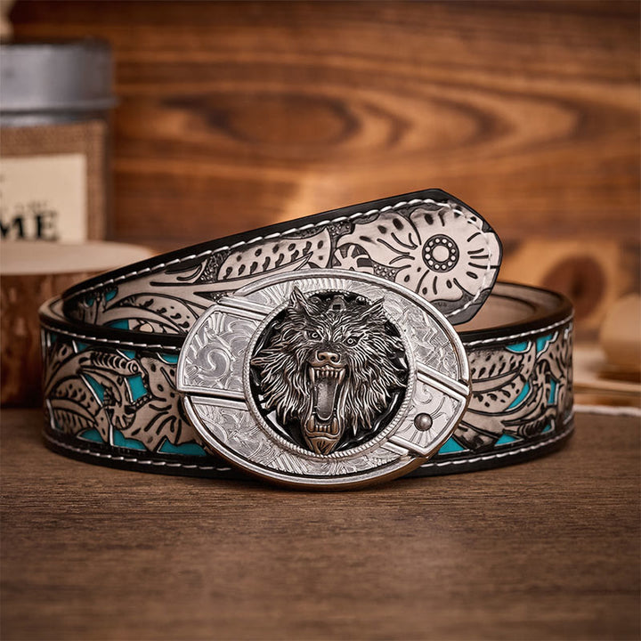Snarling Wolf Head DIY Hidden Folding Knife Buckle Leather Belt - Wolf - Gray Floral Belt - 42 - image 8