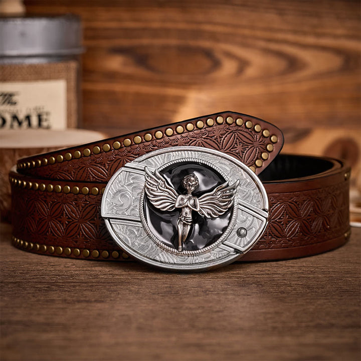 Fallen Angel DIY Hidden Folding Knife Buckle Leather Belt - Angel - Brown Rivet Belt - 42 - image 4