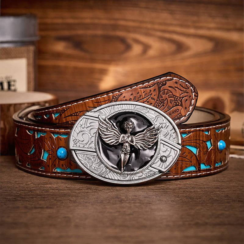 Fallen Angel DIY Hidden Folding Knife Buckle Leather Belt - Angel - Turquoise Carved Belt - 42 - image 3