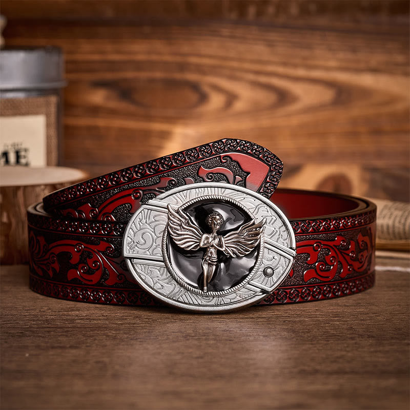 Fallen Angel DIY Hidden Folding Knife Buckle Leather Belt - Angel - Brown Carved Belt - 42 - image 6
