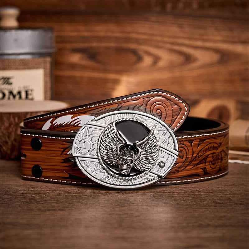 Winged Skull Biker DIY Hidden Folding Knife Buckle Leather Belt - Winged Skull - Brown Feather Belt - 40 - image 7
