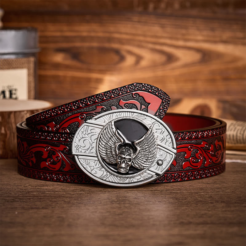 Winged Skull Biker DIY Hidden Folding Knife Buckle Leather Belt - Winged Skull - Brown Carved Belt - 42 - image 6