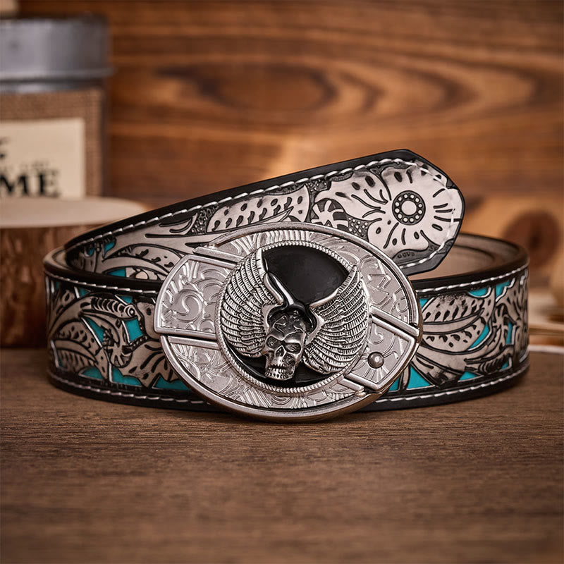 Winged Skull Biker DIY Hidden Folding Knife Buckle Leather Belt - Winged Skull - Gray Floral Belt - 42 - image 8