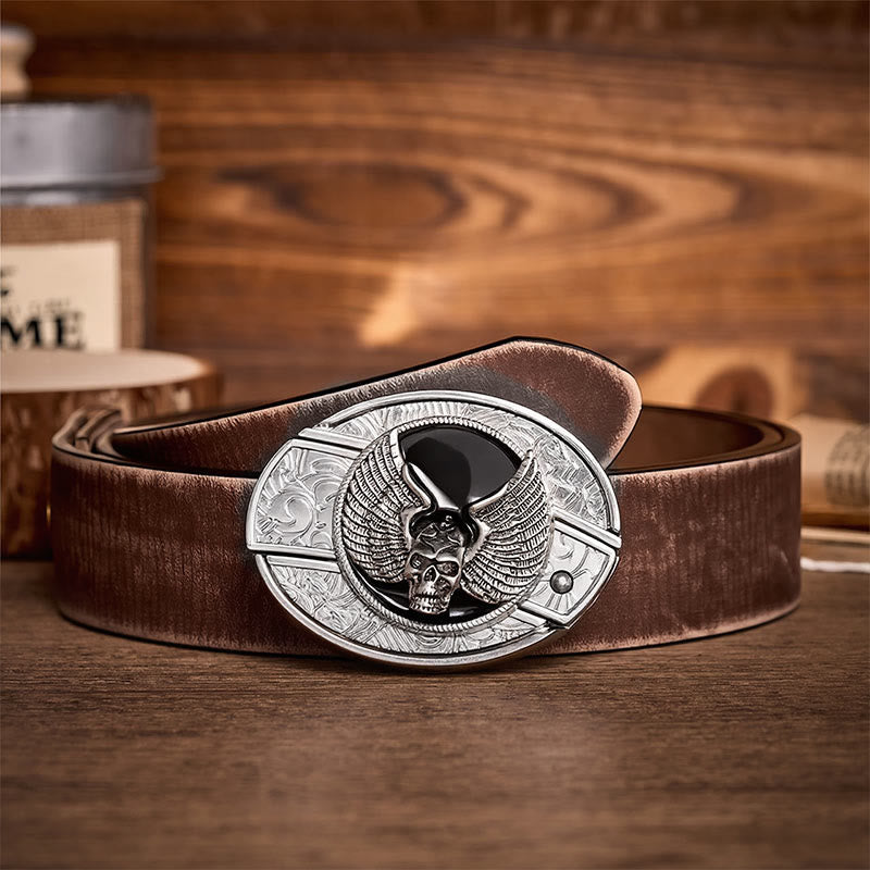 Winged Skull Biker DIY Hidden Folding Knife Buckle Leather Belt - Winged Skull - Brown Distressed Belt - 42 - image 5