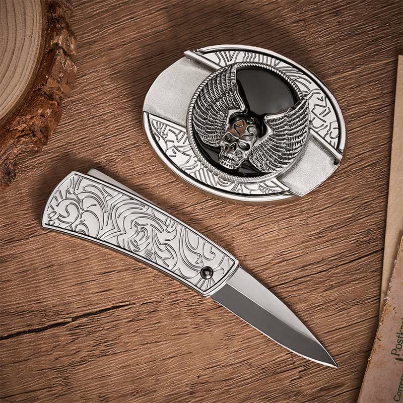 Winged Skull Biker DIY Hidden Folding Knife Buckle Leather Belt - image 1