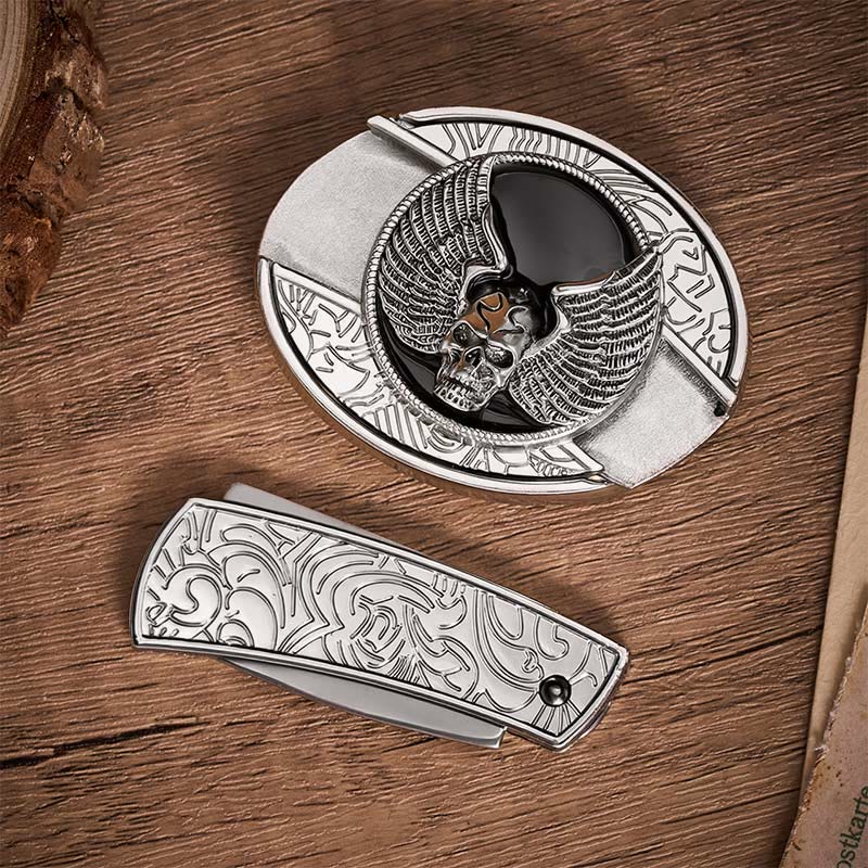 Winged Skull Biker DIY Hidden Folding Knife Buckle Leather Belt - image 9