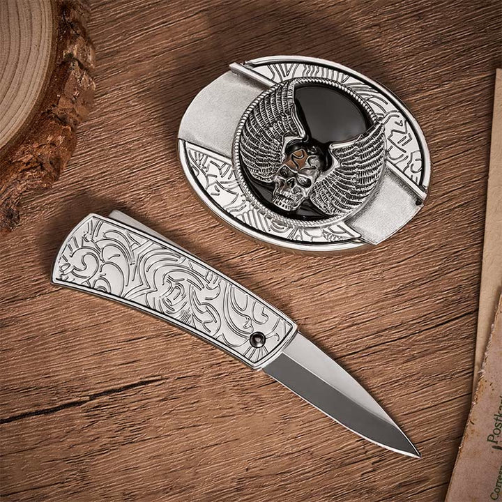 Winged Skull Biker DIY Hidden Folding Knife Buckle Leather Belt - image 1