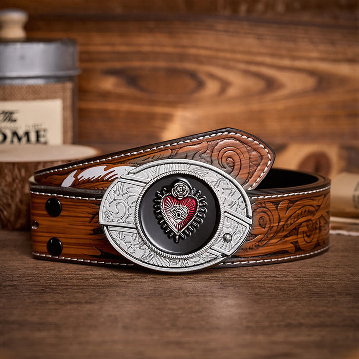 Red & Black Sacred Heart DIY Hidden Folding Knife Buckle Leather Belt - Red & Black Heart - Brown Feather Belt - 40 - image 7