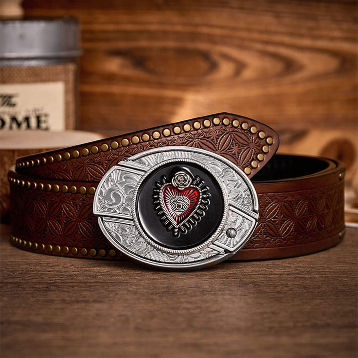 Red & Black Sacred Heart DIY Hidden Folding Knife Buckle Leather Belt - Red & Black Heart - Brown Rivet Belt - 42 - image 4