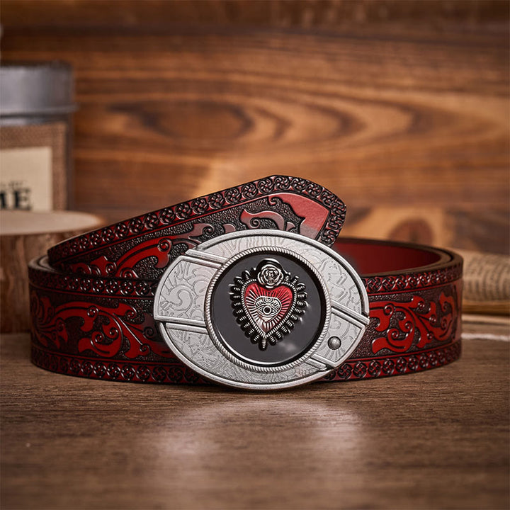 Red & Black Sacred Heart DIY Hidden Folding Knife Buckle Leather Belt - Red & Black Heart - Brown Carved Belt - 42 - image 6