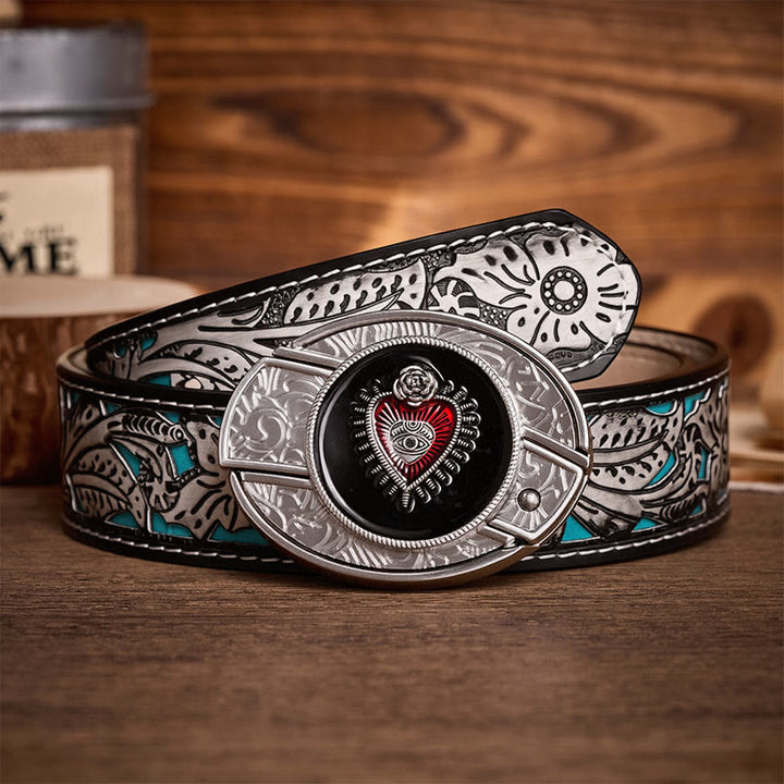 Red & Black Sacred Heart DIY Hidden Folding Knife Buckle Leather Belt - Red & Black Heart - Gray Floral Belt - 42 - image 8