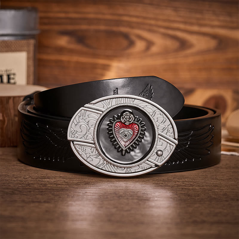 Red & Black Sacred Heart DIY Hidden Folding Knife Buckle Leather Belt - Red & Black Heart - Black Embossed Eagle Belt - 42 - image 2