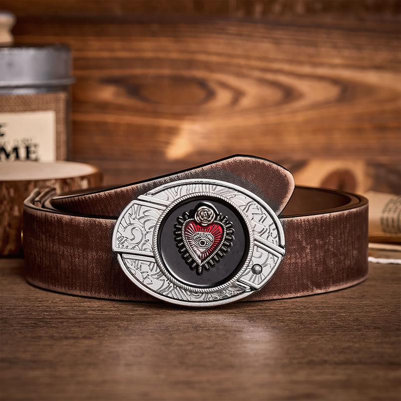Red & Black Sacred Heart DIY Hidden Folding Knife Buckle Leather Belt - Red & Black Heart - Brown Distressed Belt - 42 - image 5