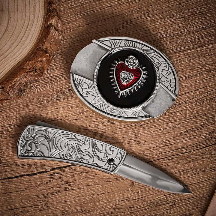 Red & Black Sacred Heart DIY Hidden Folding Knife Buckle Leather Belt - image 10