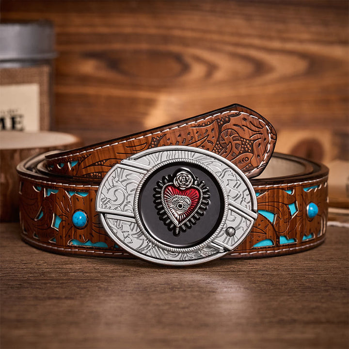 Red & Black Sacred Heart DIY Hidden Folding Knife Buckle Leather Belt - Red & Black Heart - Turquoise Carved Belt - 42 - image 3