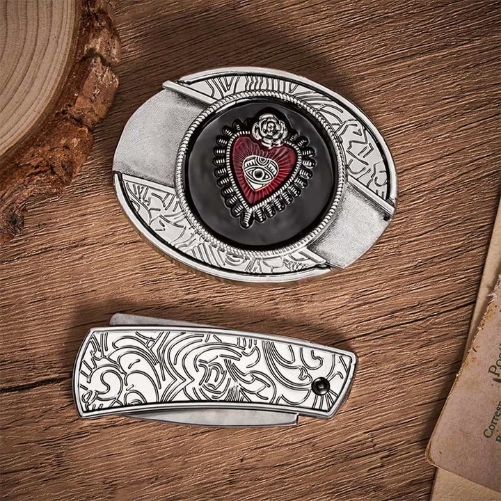 Red & Black Sacred Heart DIY Hidden Folding Knife Buckle Leather Belt - image 9