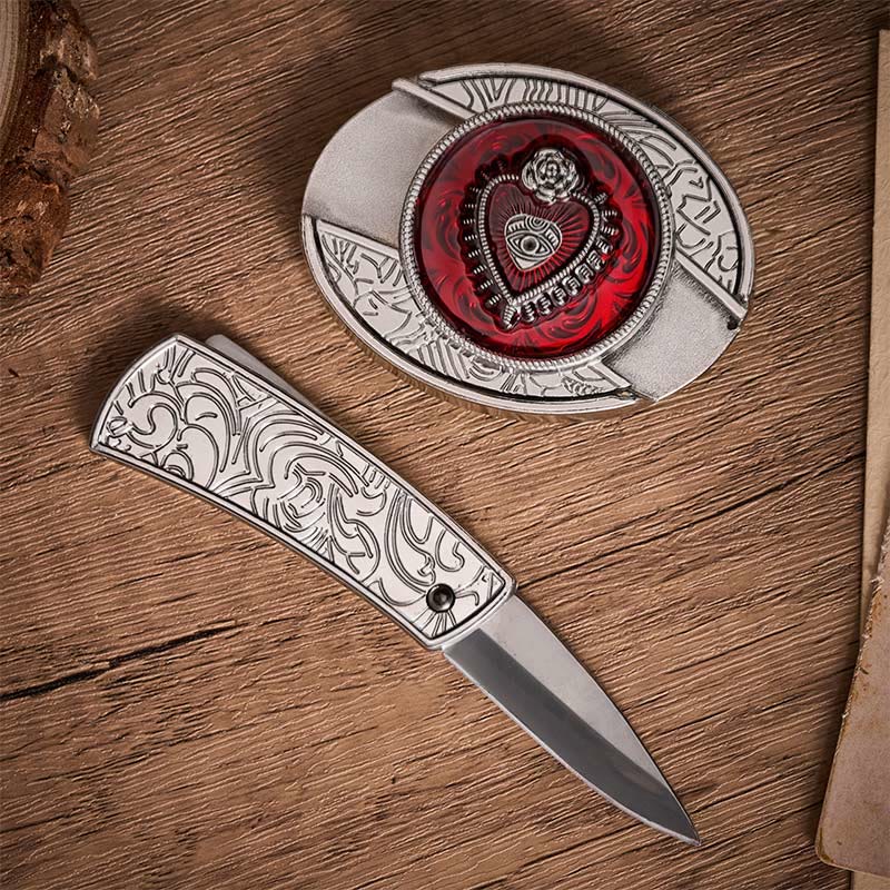 Crimson Sacred Heart DIY Hidden Folding Knife Buckle Leather Belt - image 1