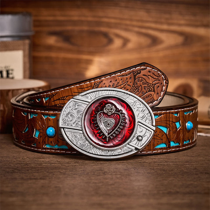 Crimson Sacred Heart DIY Hidden Folding Knife Buckle Leather Belt - Crimson Heart - Turquoise Carved Belt - 42 - image 3