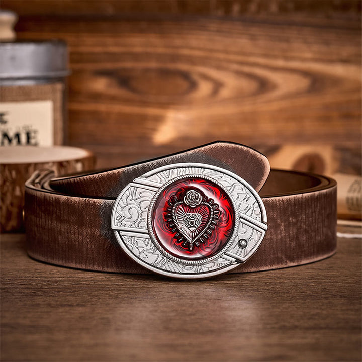 Crimson Sacred Heart DIY Hidden Folding Knife Buckle Leather Belt - Crimson Heart - Brown Distressed Belt - 42 - image 5